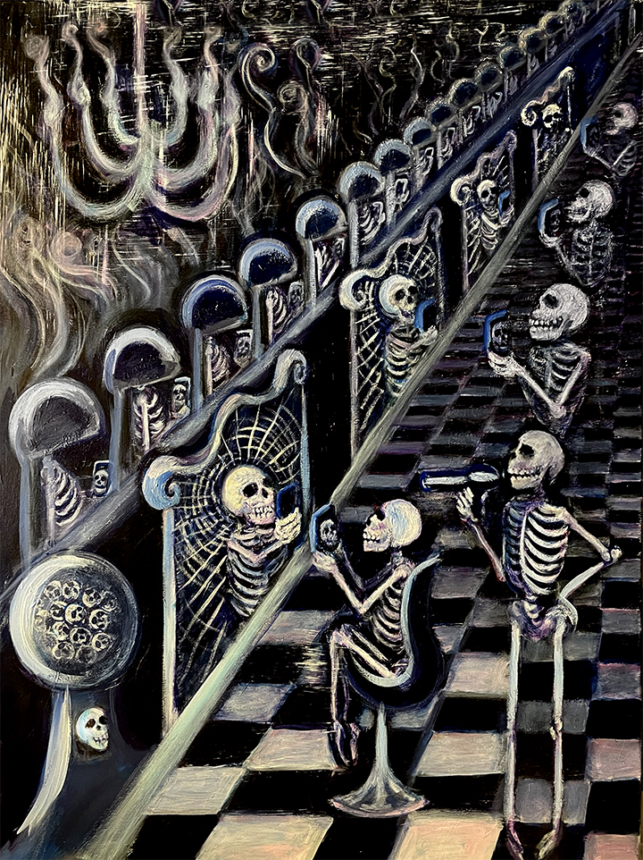 black and white skeleton painting