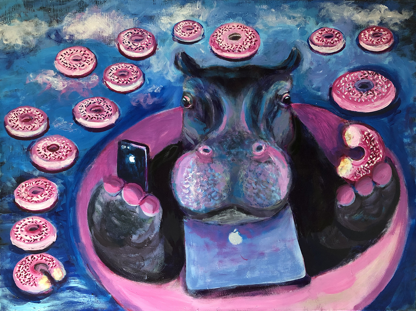hippo painting of hippo eating donuts in a swimming pool while taking a selfie picture