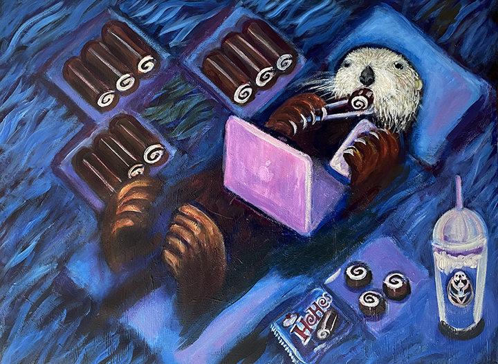 Original, acrylic painting of an otter lounging on a raft in a swimming pool while eating hohos